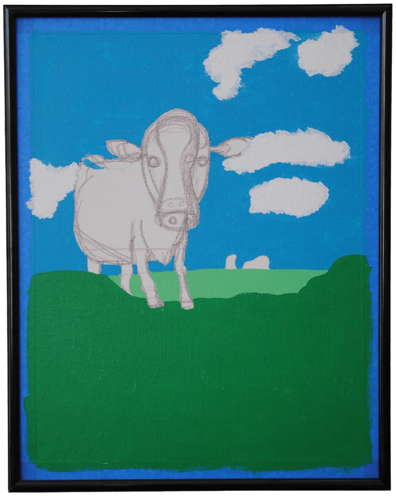 Painting of a cow in a field